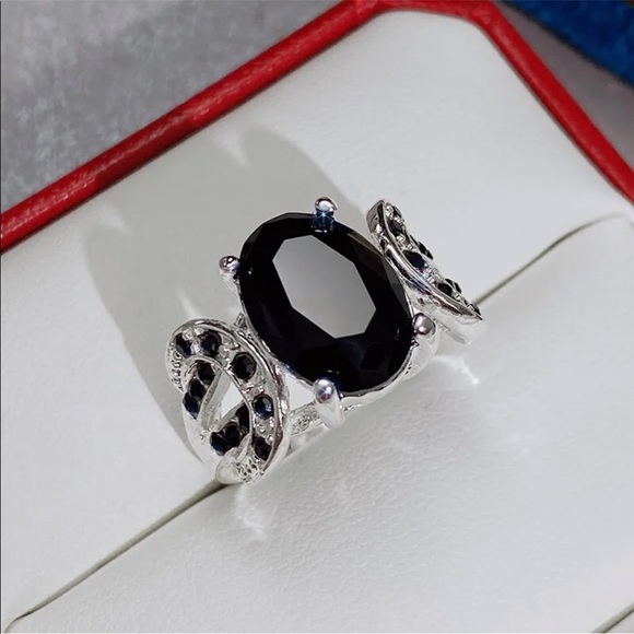 New Elegant 925 Silver Jewelry Fashion Women Black Sapphire Ring - Picture 2 of 6
